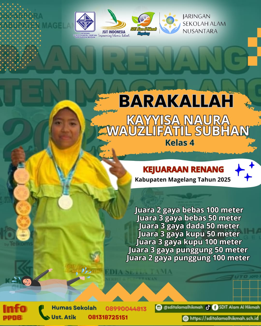 BARAKALLAH! SISWI SDIT ALAM AL HIKMAH BORONG JUARA DI KEJUARAAN RENANG KABUPATEN MAGELANG 2025